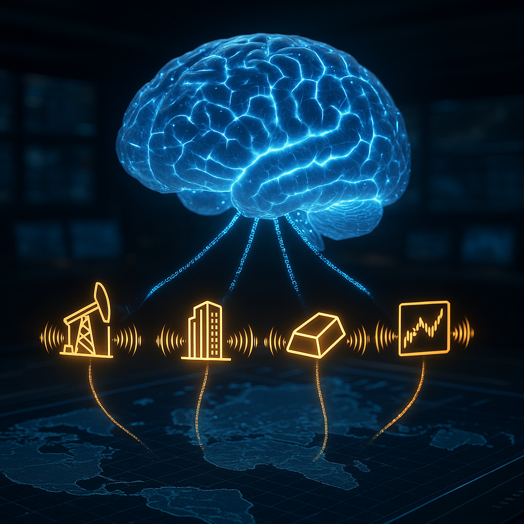 AI brain connected to oil, real estate, commodities, and financial sectors