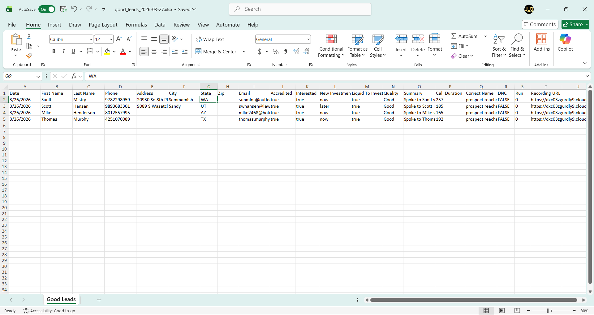 Exported Good Leads in Excel with full call data columns