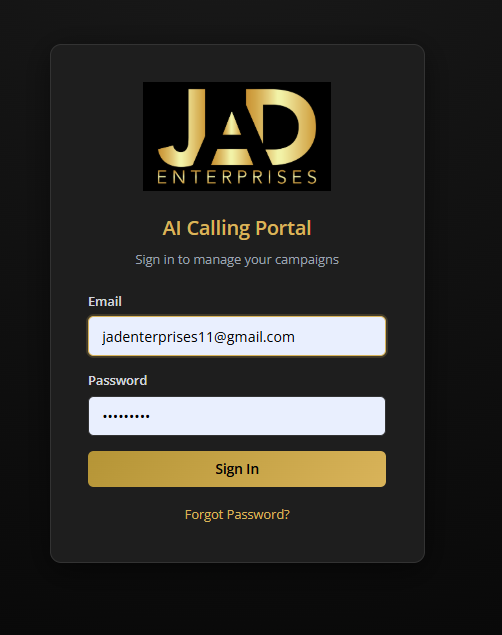 AI Calling Portal login screen
